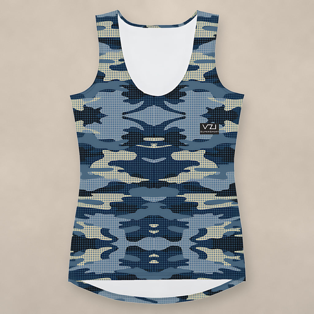 Vazzari Tactical Navy Tank Top on beige studio wall