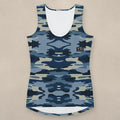 Vazzari Tactical Navy Tank Top on beige studio wall