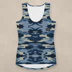 Vazzari Tactical Navy Tank Top on beige studio wall