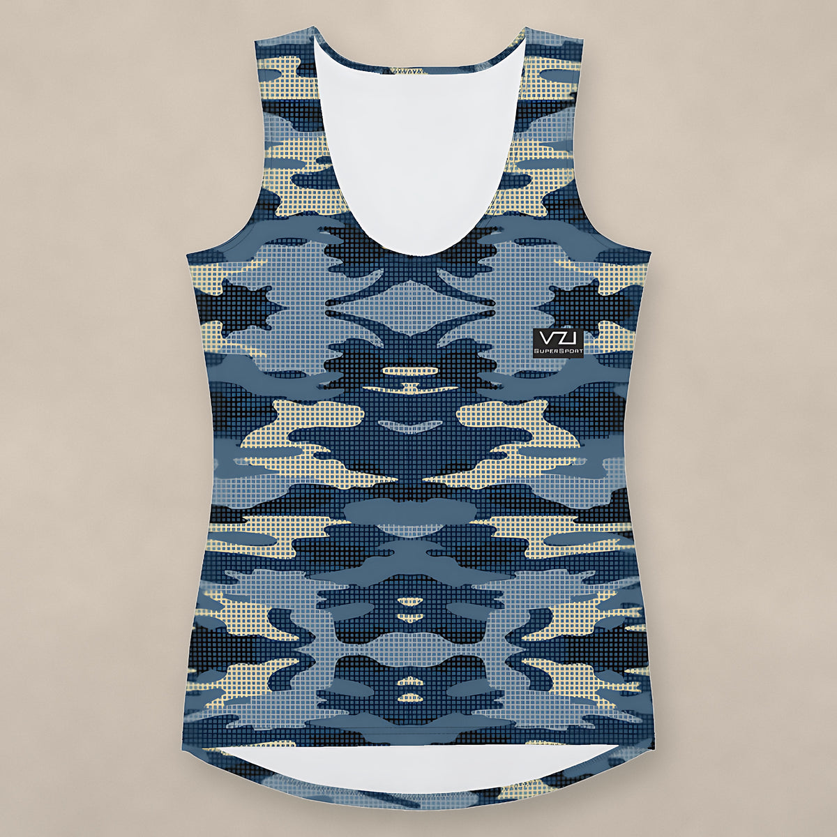 Vazzari Tactical Navy Tank Top on beige studio wall