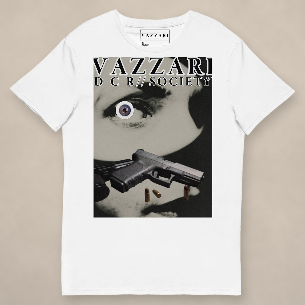Vazzari Target Intercepted Tee on beige studio wall