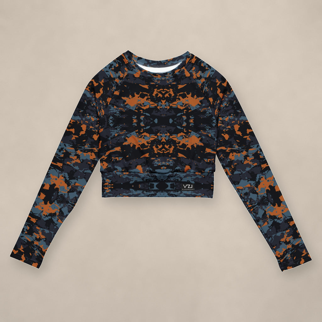 Vazzari Teal Twilight Crop Top on beige studio wall