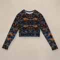 Vazzari Teal Twilight Crop Top on beige studio wall