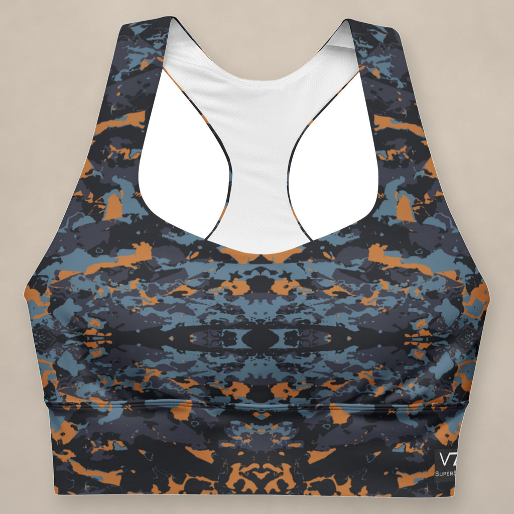Vazzari Teal Twilight Longline Bra on beige studio wall