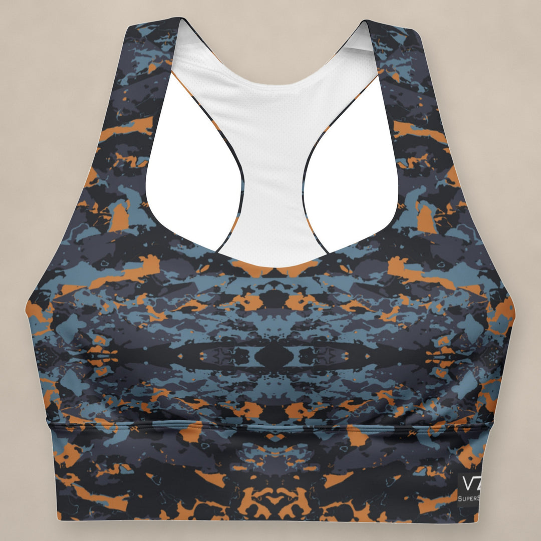 Vazzari Teal Twilight Longline Bra on beige studio wall