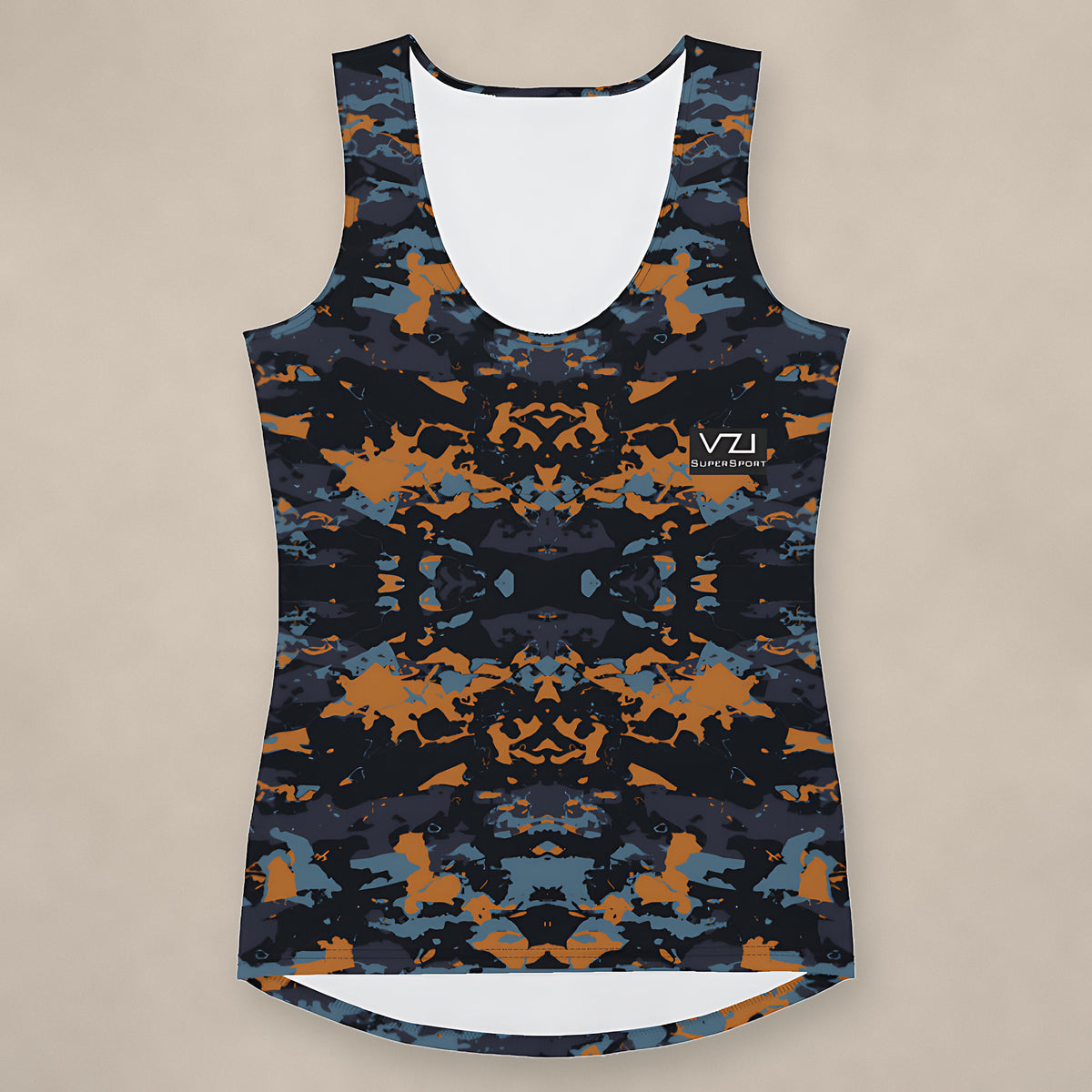 Vazzari Teal Twilight Tank Top on beige studio wall