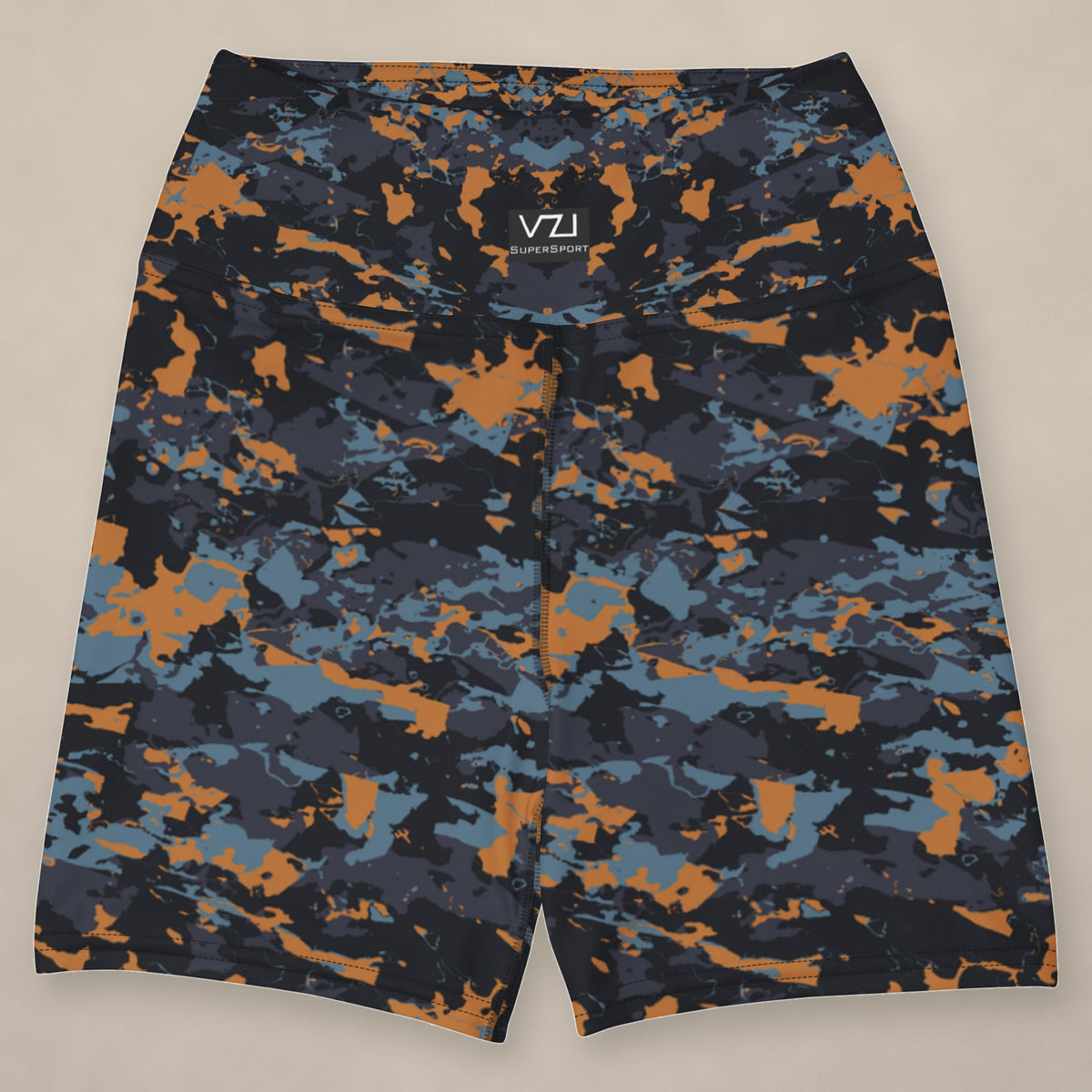 Vazzari Teal Twilight Yoga Shorts on beige studio wall