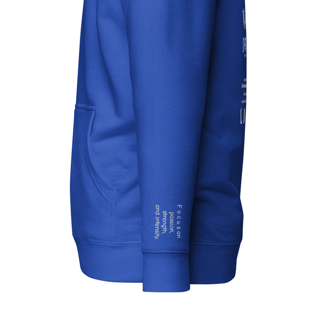 Vazzari Aethonius Men's Hoodie – Team Royal – left sleeve detail – clean studio shot