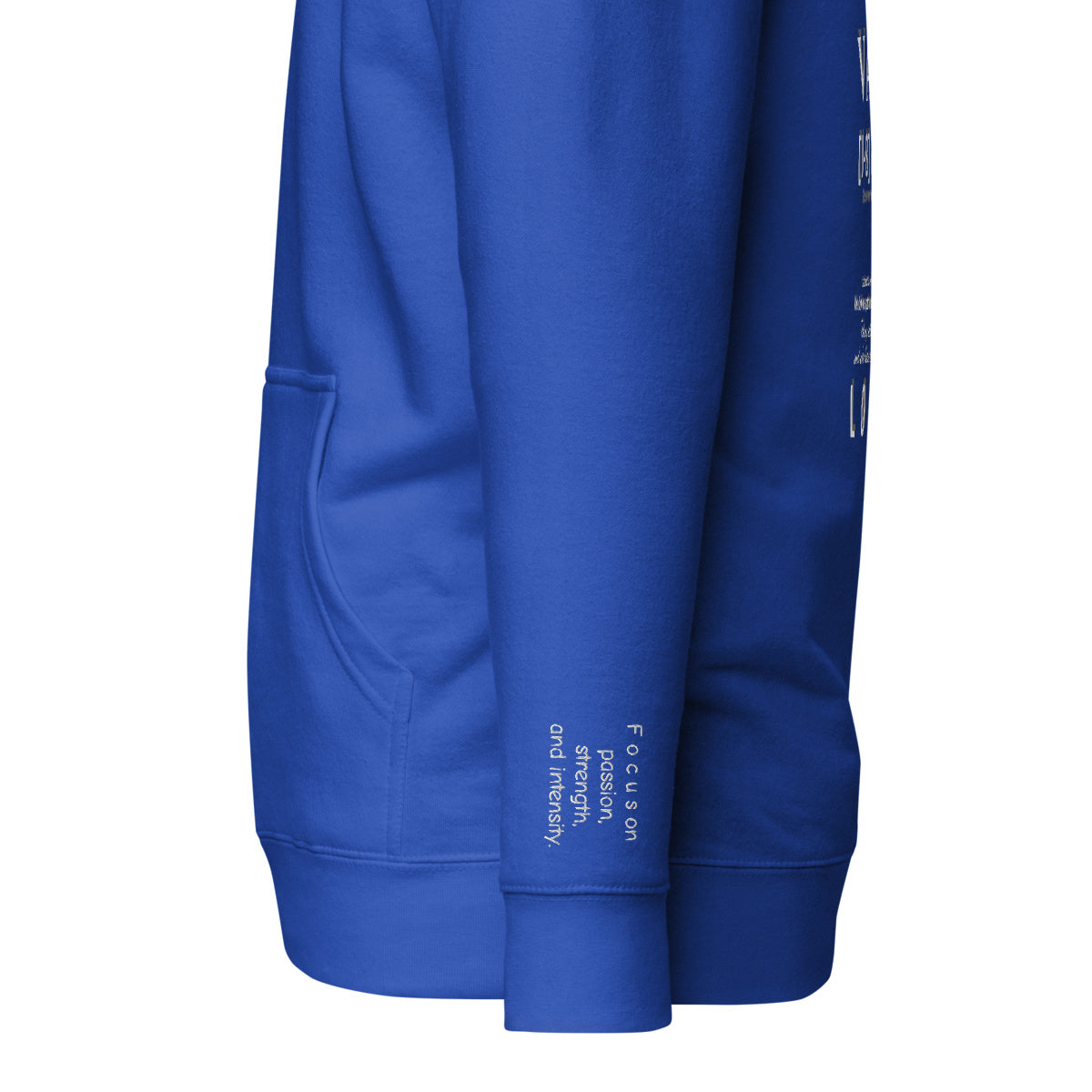 Vazzari Aethonius Men's Hoodie – Team Royal – left sleeve detail – clean studio shot