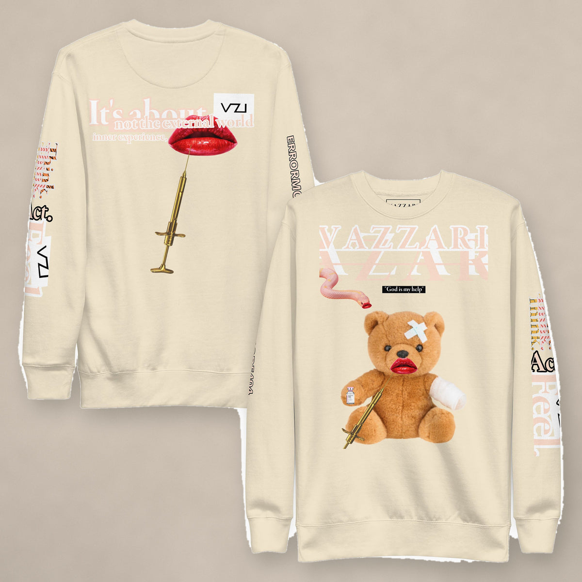 Vazzari Teddy Lip Sweatshirt on beige studio wall