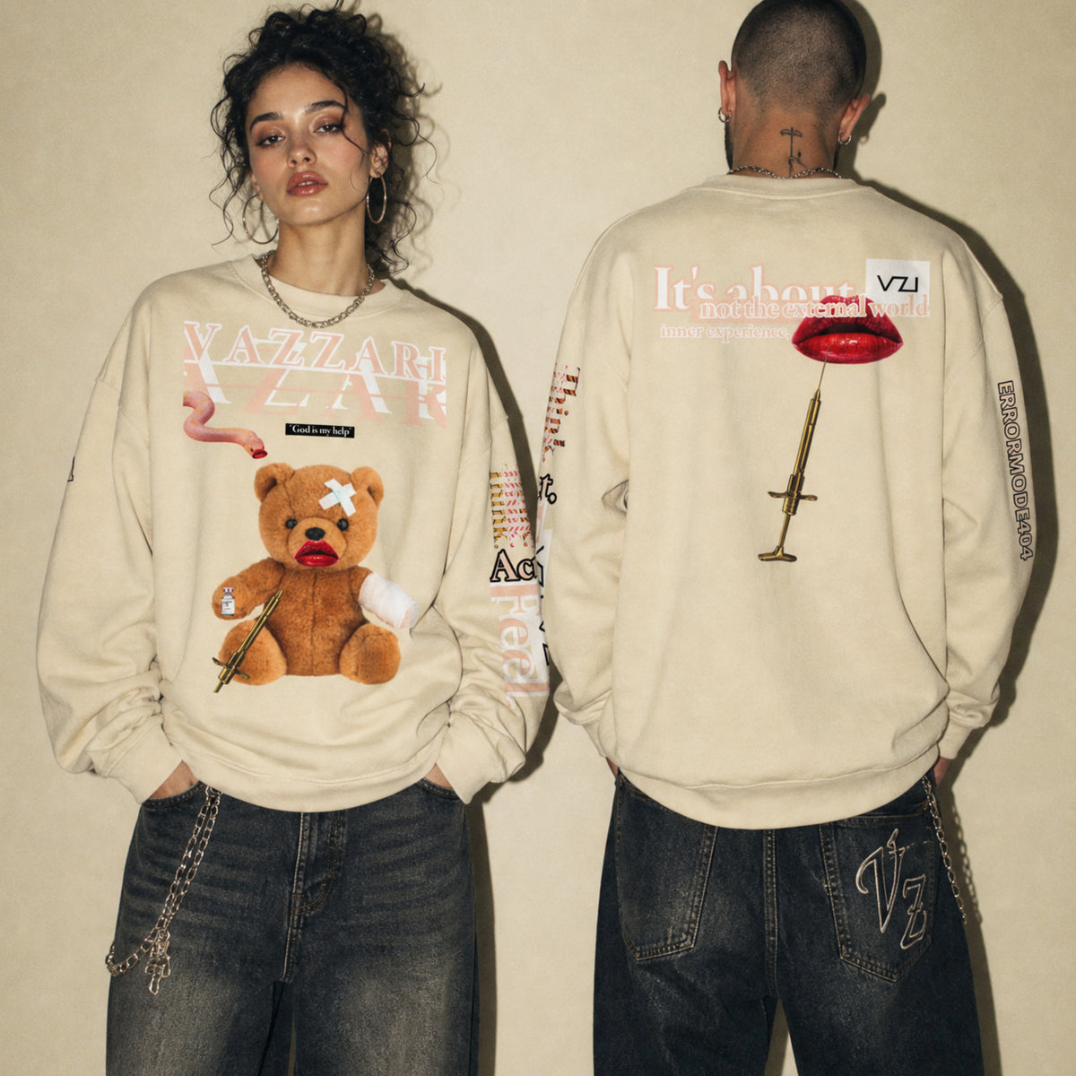 Model wearing the Vazzari Teddy Lip Sweatshirt in a beige studio