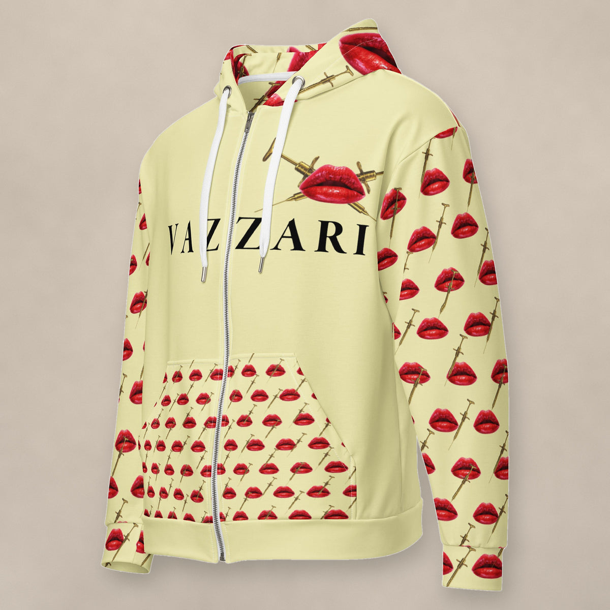 Vazzari Teddy Lip Zip Hoodie – Cumulus on beige studio wall