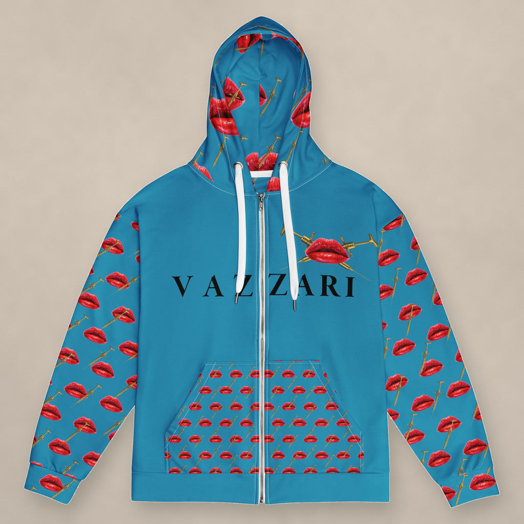 Vazzari Teddy Lip Zip Hoodie – Pelorous on beige studio wall