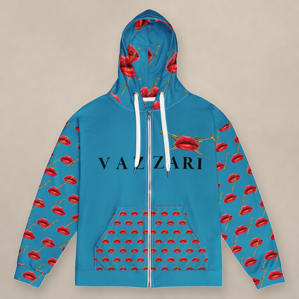 Vazzari Teddy Lip Zip Hoodie – Pelorous on beige studio wall