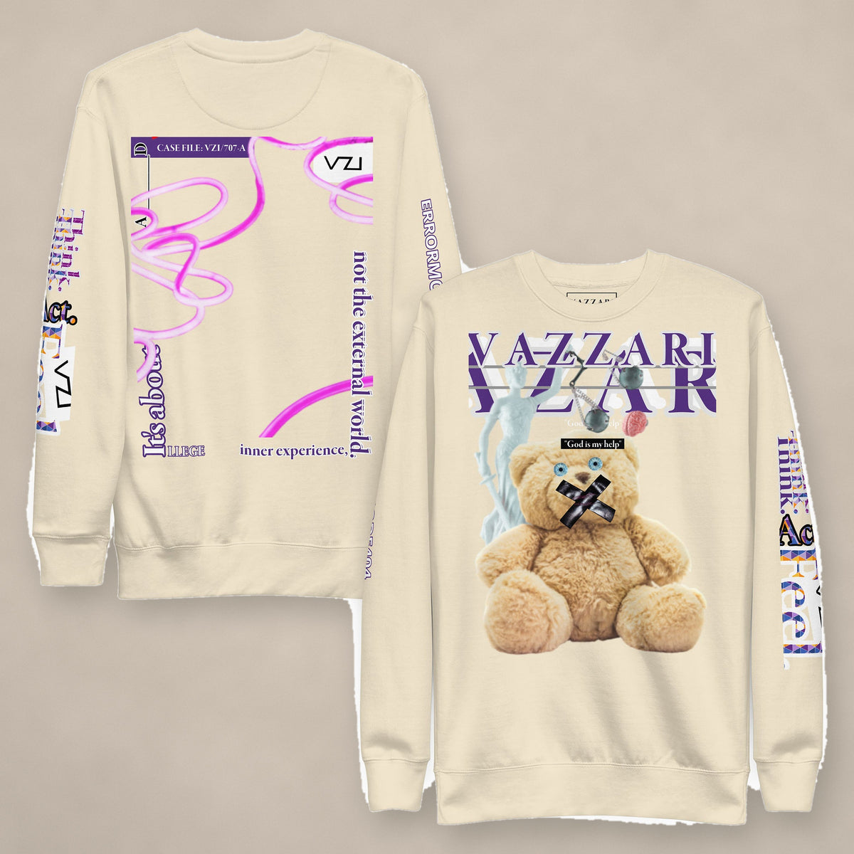 Vazzari Teddy Silenced Sweatshirt on beige studio wall