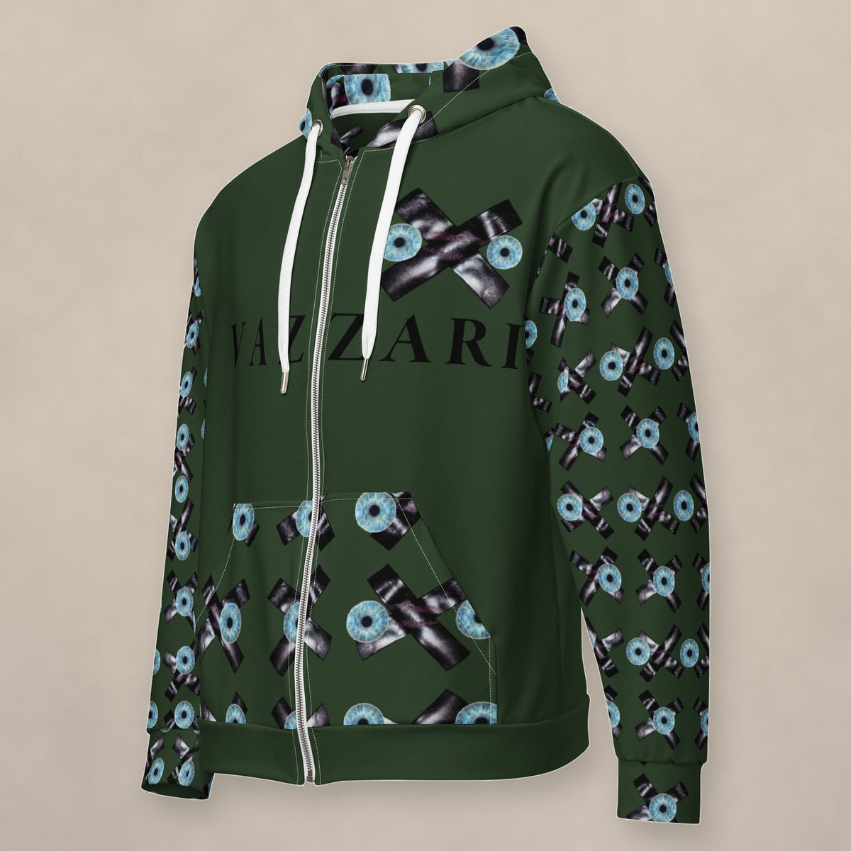Vazzari Teddy Zip Hoodie – Myrtle on beige studio wall