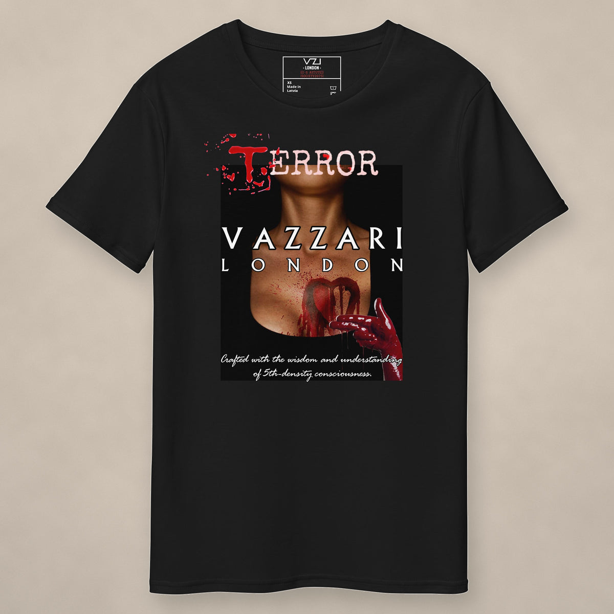 Vazzari Terror Melodies Tee on beige studio wall