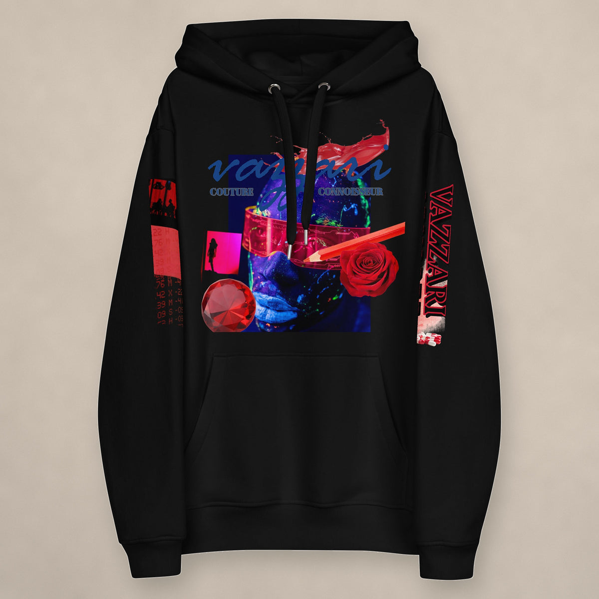 Vazzari Transmutation Matrix Hoodie on beige studio wall