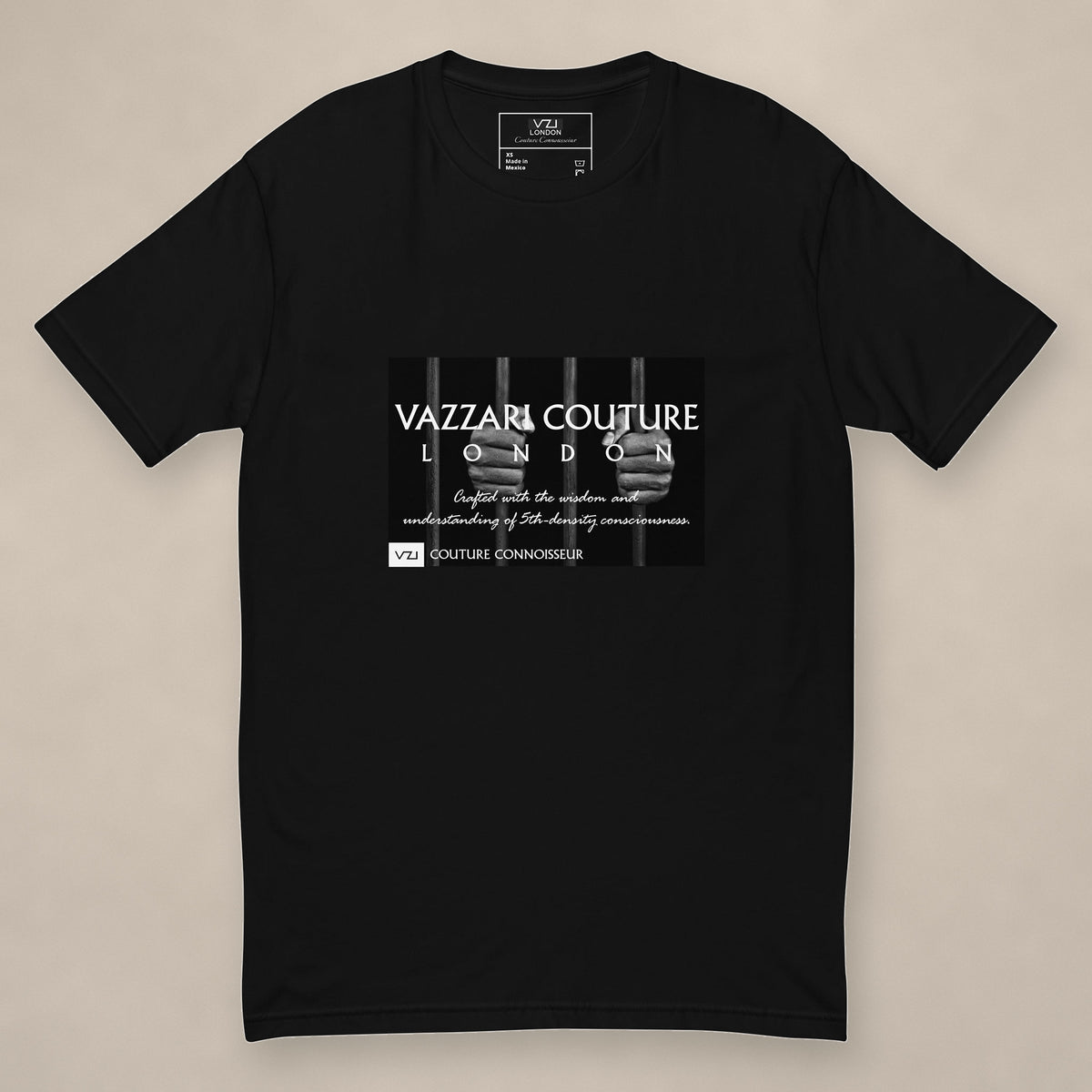 Vazzari Trapped in Time Fitted Tee on beige studio wall