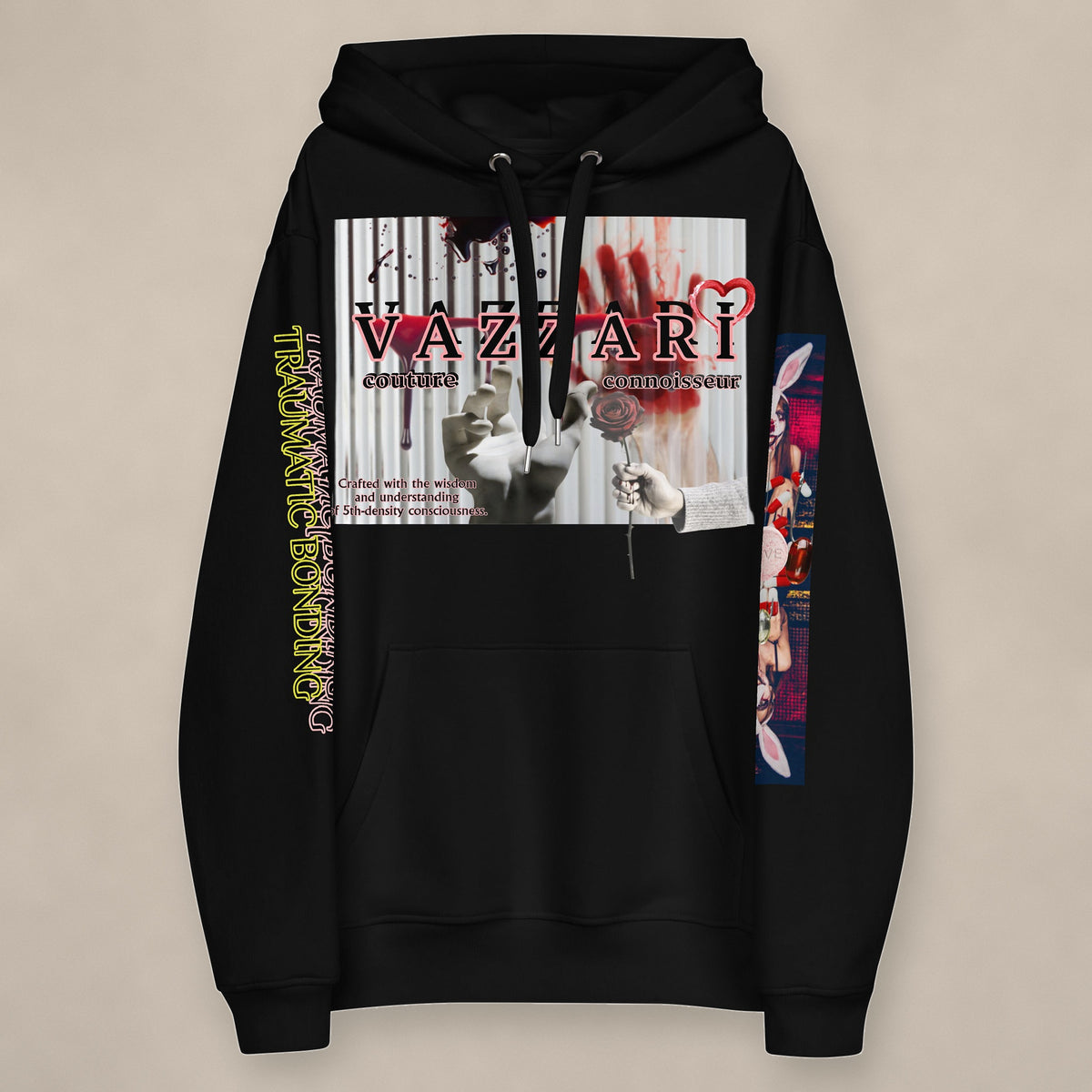 Vazzari Trauma Bonding Hoodie – Noir on beige studio wall