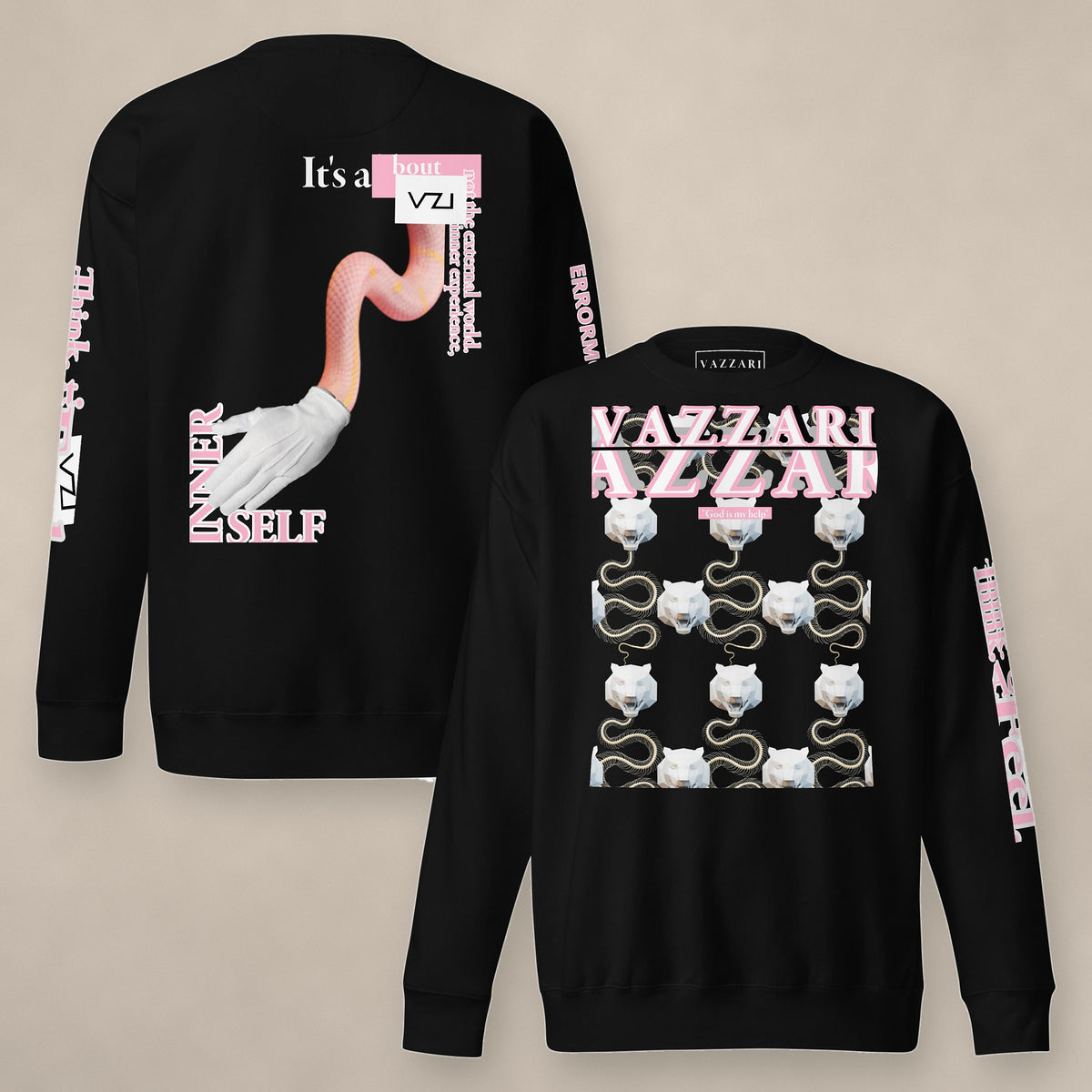 Vazzari Unit TGR.SNK Sweatshirt on beige studio wall