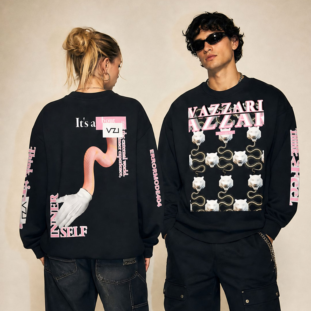 Model wearing the Vazzari Unit TGR.SNK Sweatshirt in a beige studio
