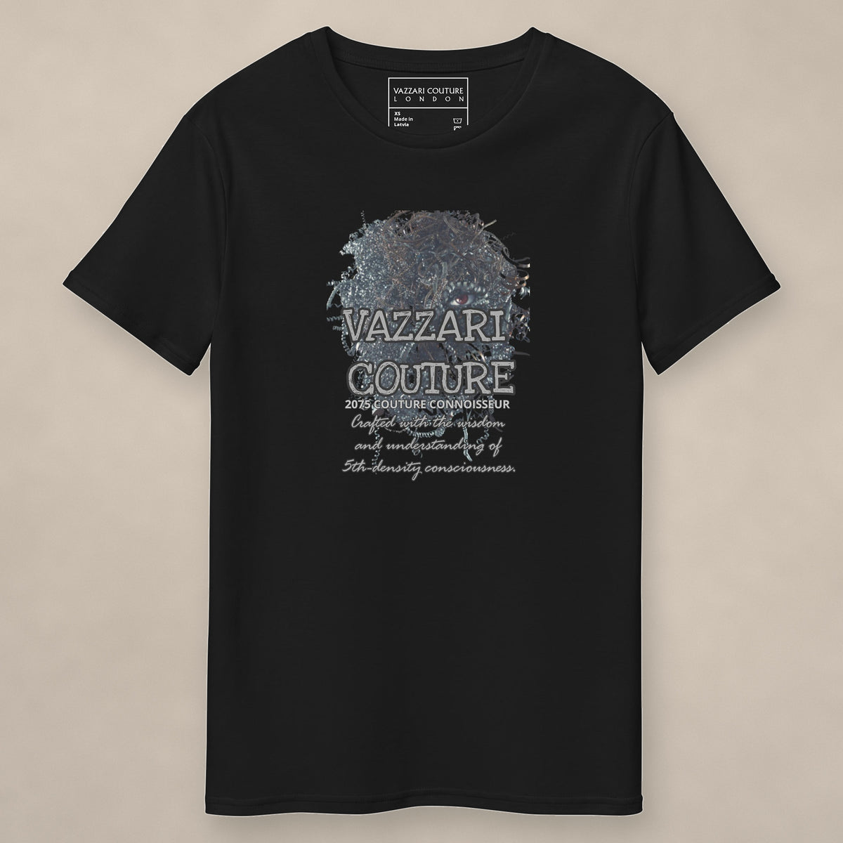 Vazzari Upcycled Trust Tee on beige studio wall