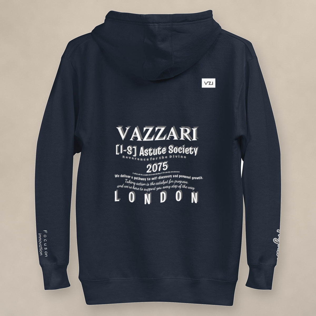 Vazzari Uranexus Men's Hoodie on beige studio wall