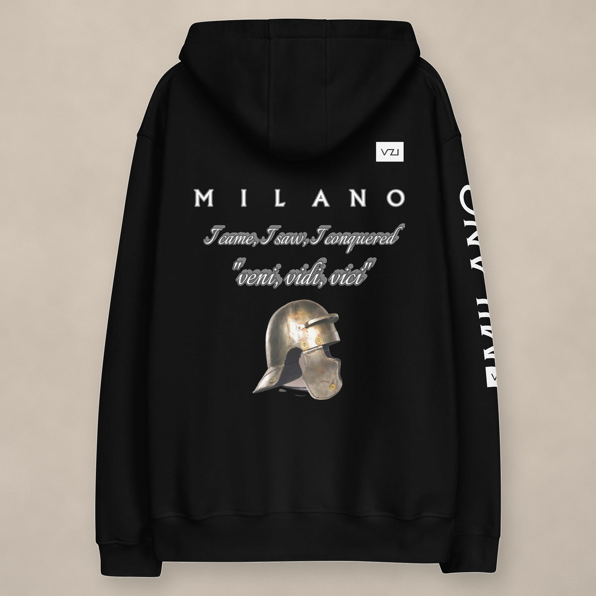 Vazzari Veni Vidi Vici Hoodie on beige studio wall