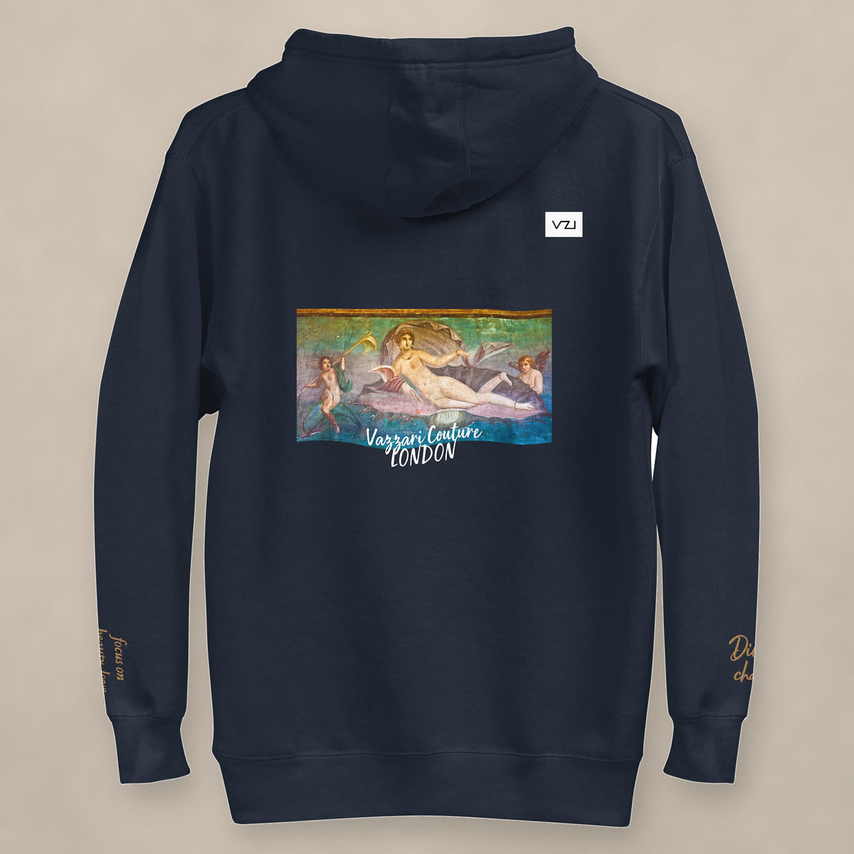 Vazzari Venustar Hoodie on beige studio wall