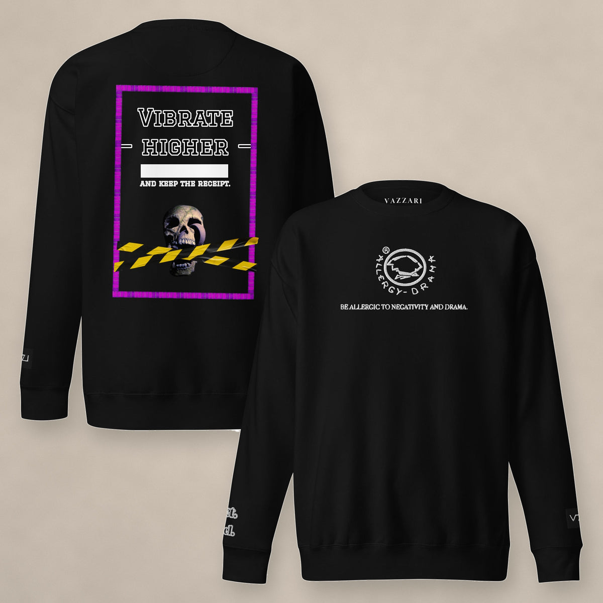 Vazzari Vibrate Higher Sweatshirt – Black II on beige studio wall