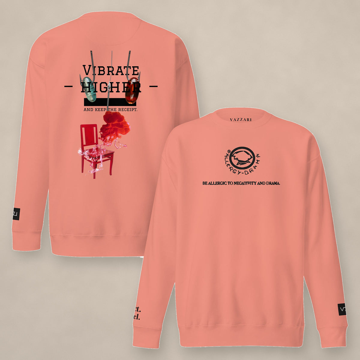 Vazzari Vibrate Higher Sweatshirt – Dusty Rose on beige studio wall
