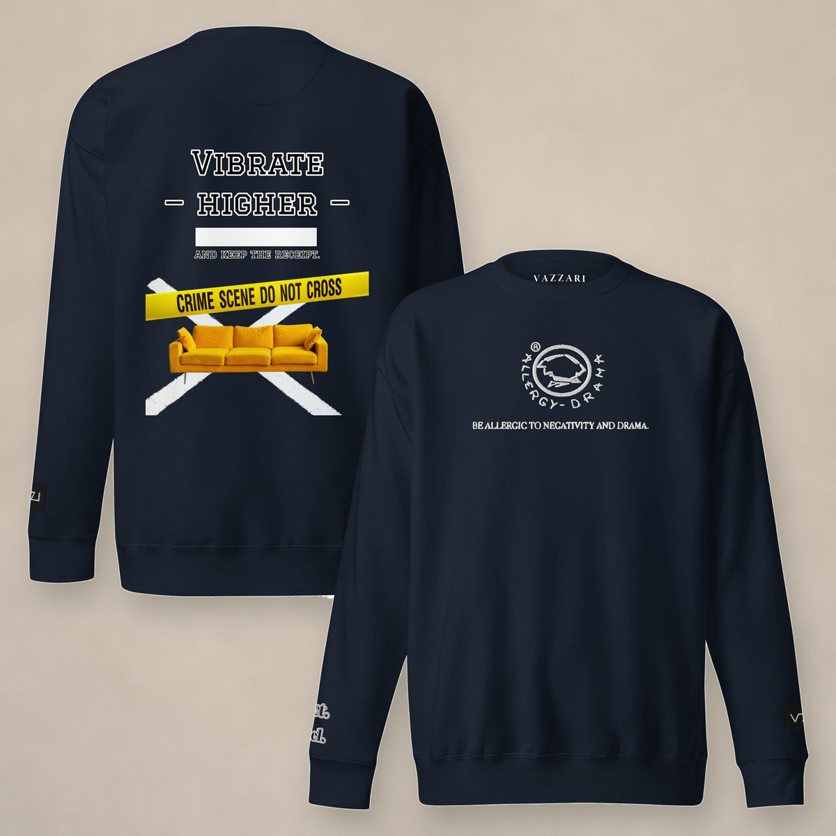 Vazzari Vibrate Higher Sweatshirt – Navy on beige studio wall