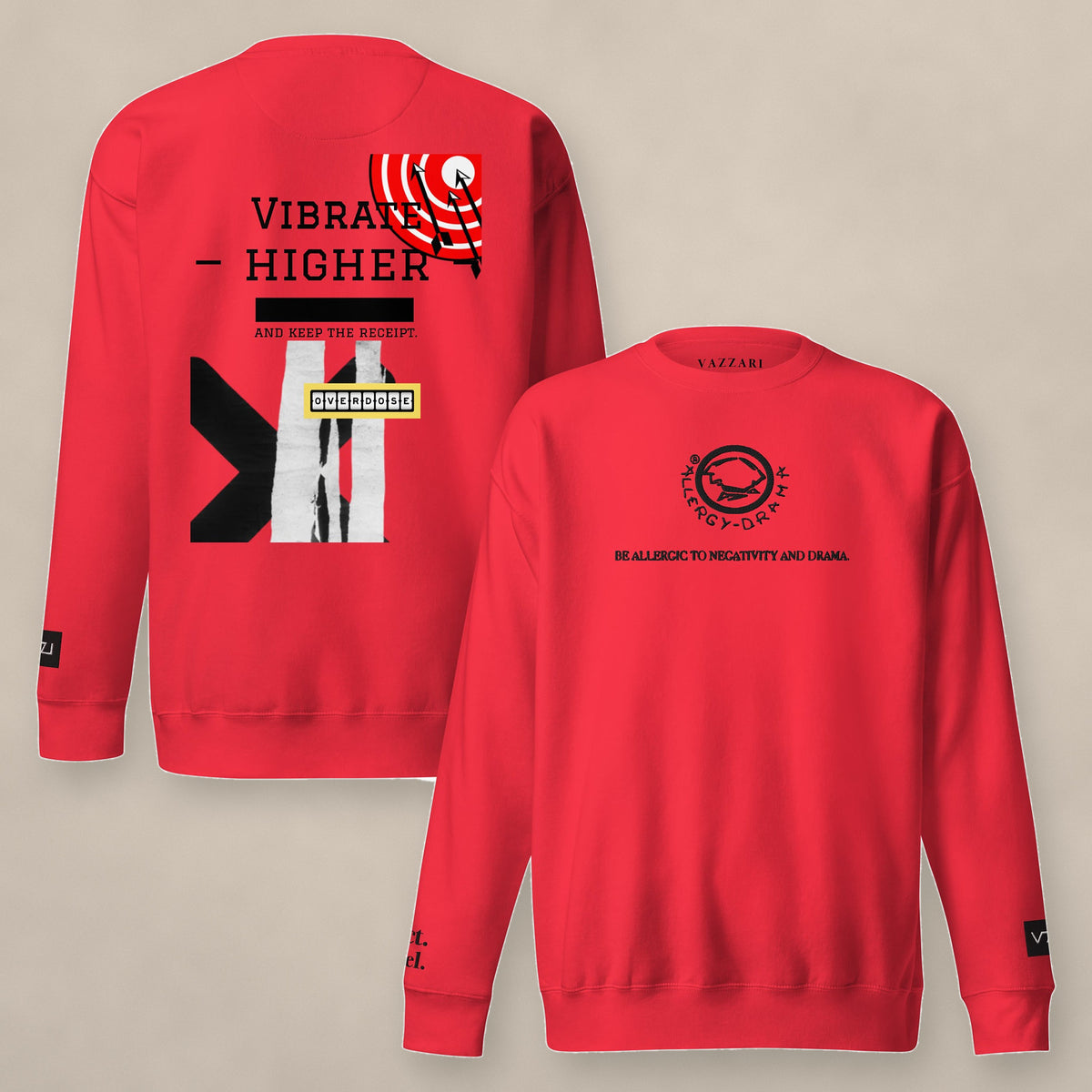 Vazzari Vibrate Higher Sweatshirt – Red on beige studio wall