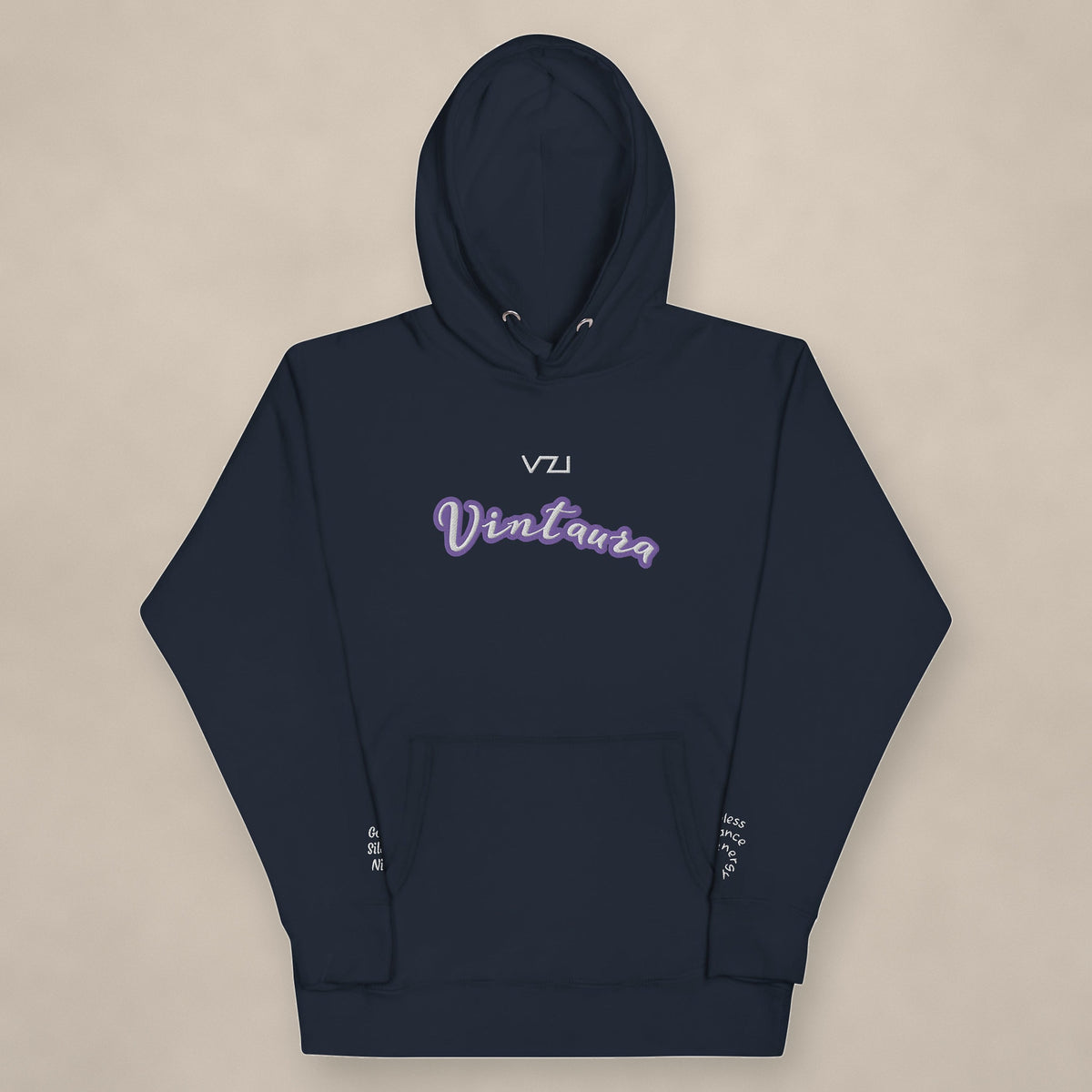 Vazzari Vintaura Women's Hoodie on beige studio wall