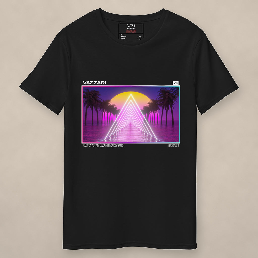 Vazzari Virtual Vacation Tee on beige studio wall