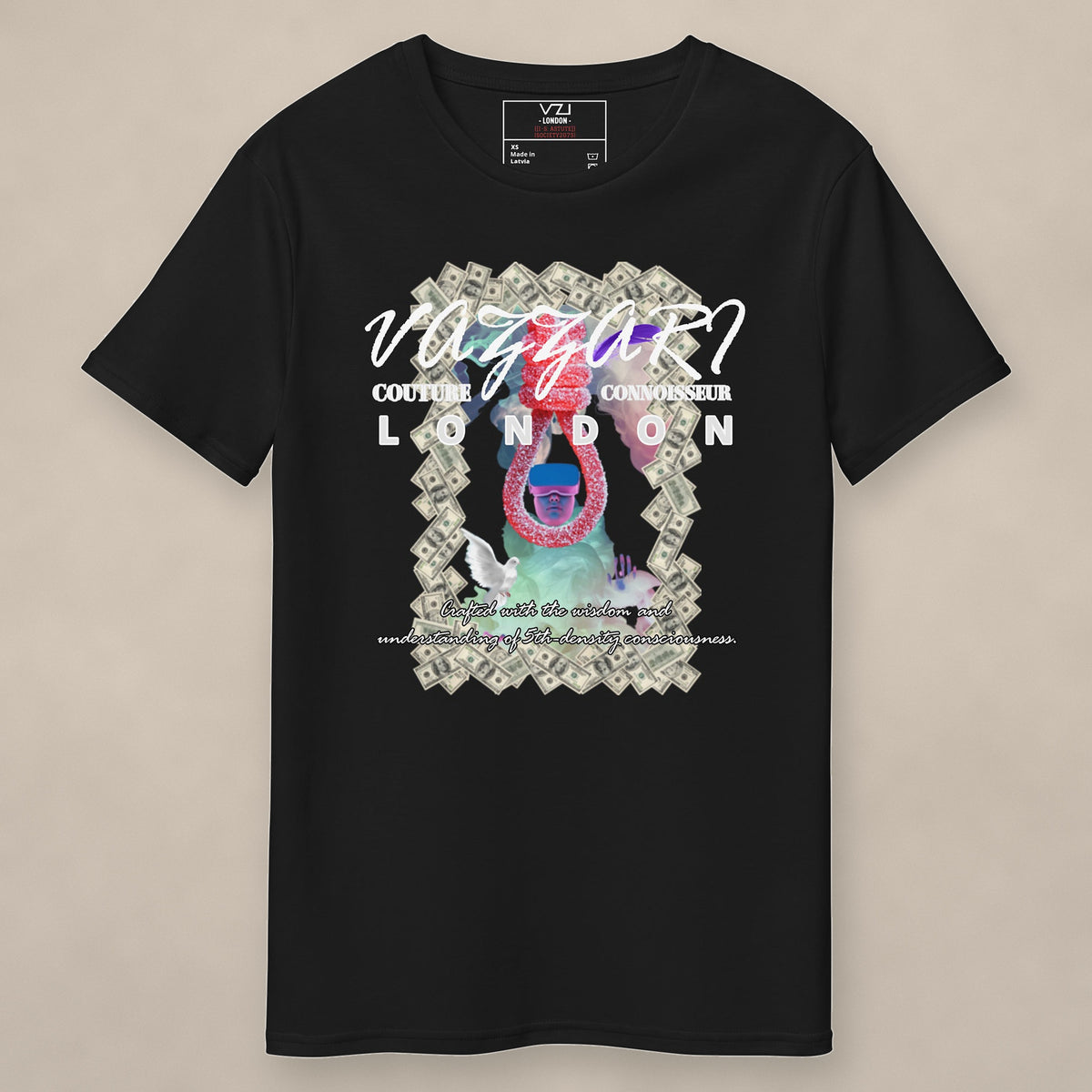 Vazzari Virtual Wealth Tee on beige studio wall