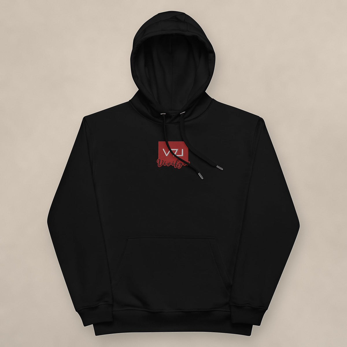 Vazzari Vivifyre Eco Hoodie on beige studio wall