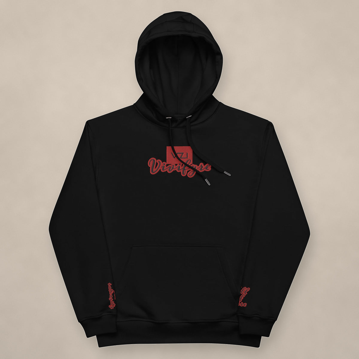 Vazzari Vivifyre Organic Hoodie on beige studio wall