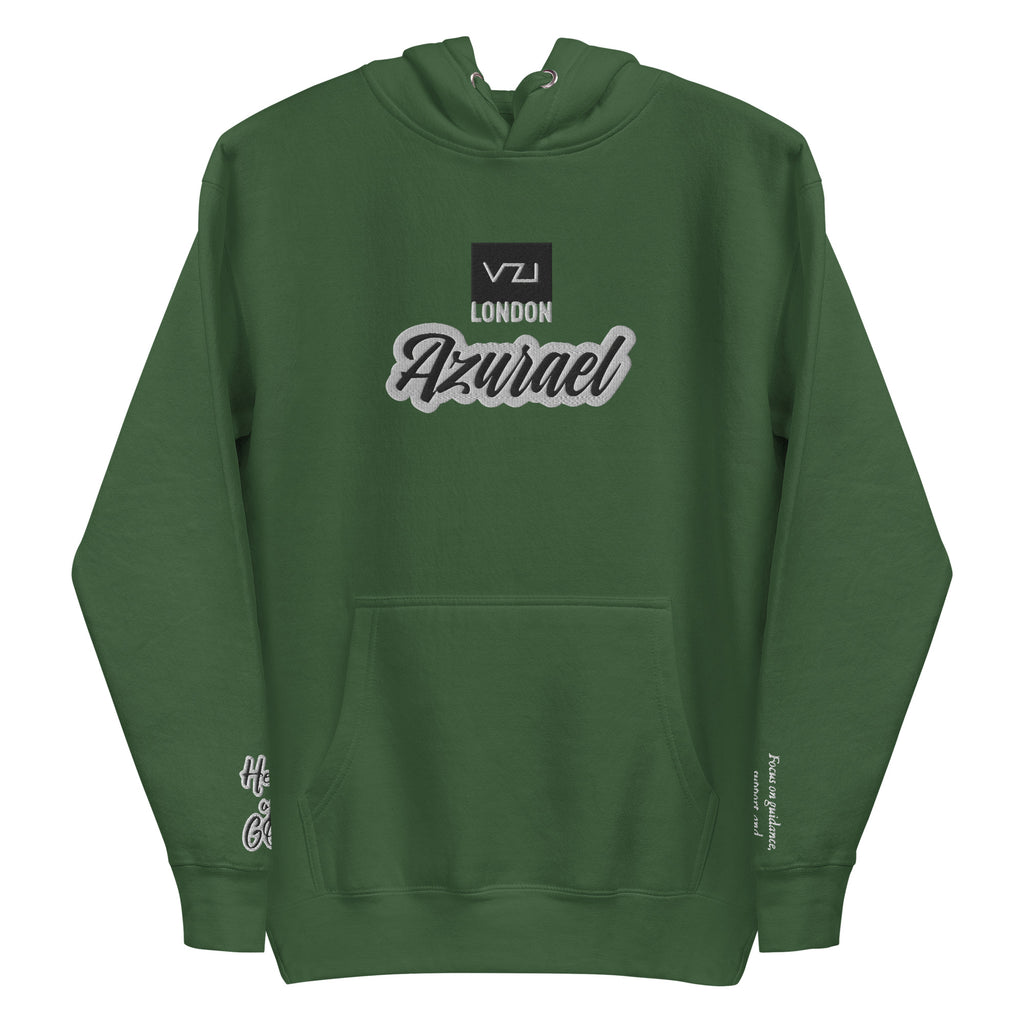 Find guidance and support with Vazzari Couture's Azurael Men's Hoodie made with 100% cotton face, front pouch pocket, self-fabric patch, flat drawstrings, and 3-panel hood. Focus on spiritual connection with Help of God.