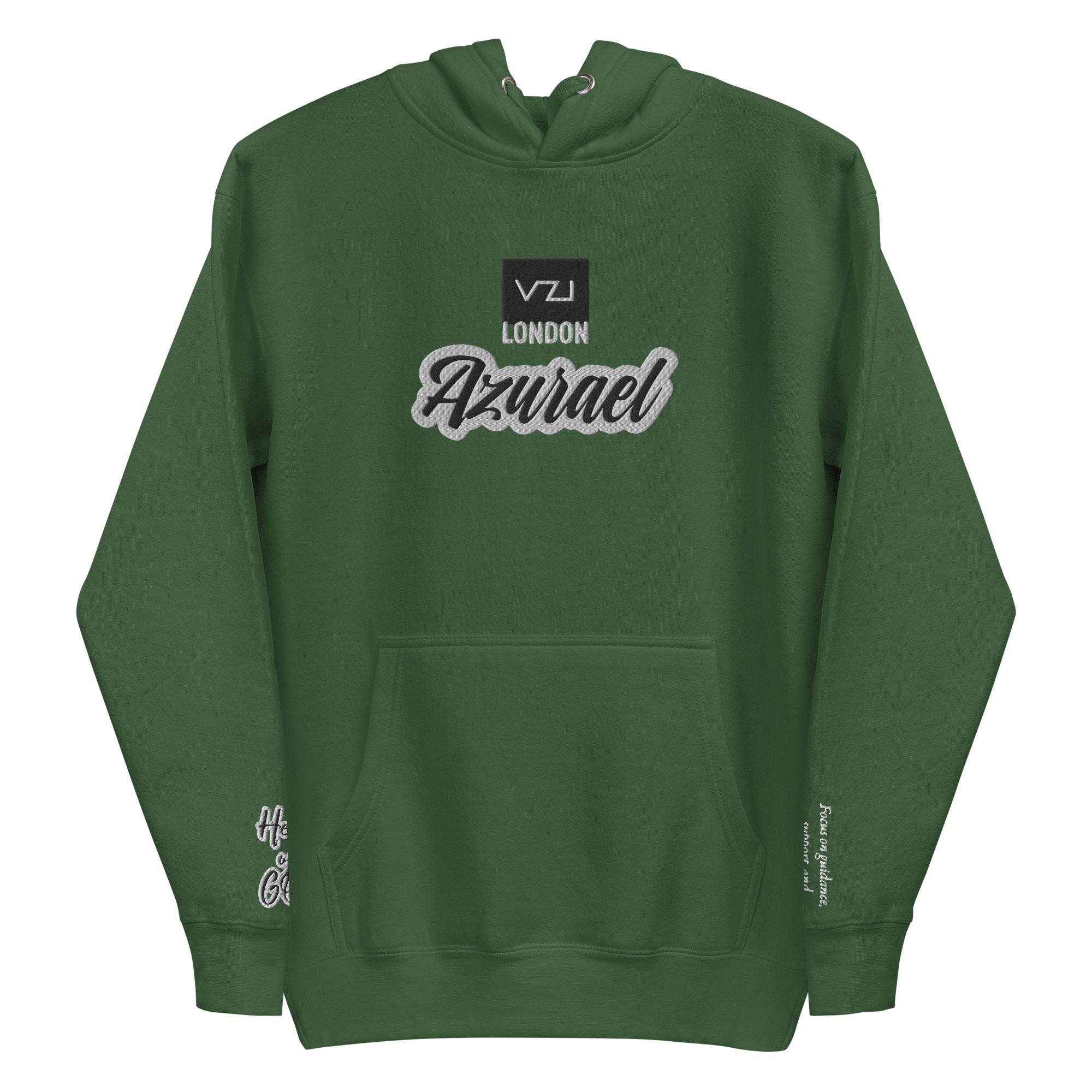 Find guidance and support with Vazzari Couture's Azurael Men's Hoodie made with 100% cotton face, front pouch pocket, self-fabric patch, flat drawstrings, and 3-panel hood. Focus on spiritual connection with Help of God.