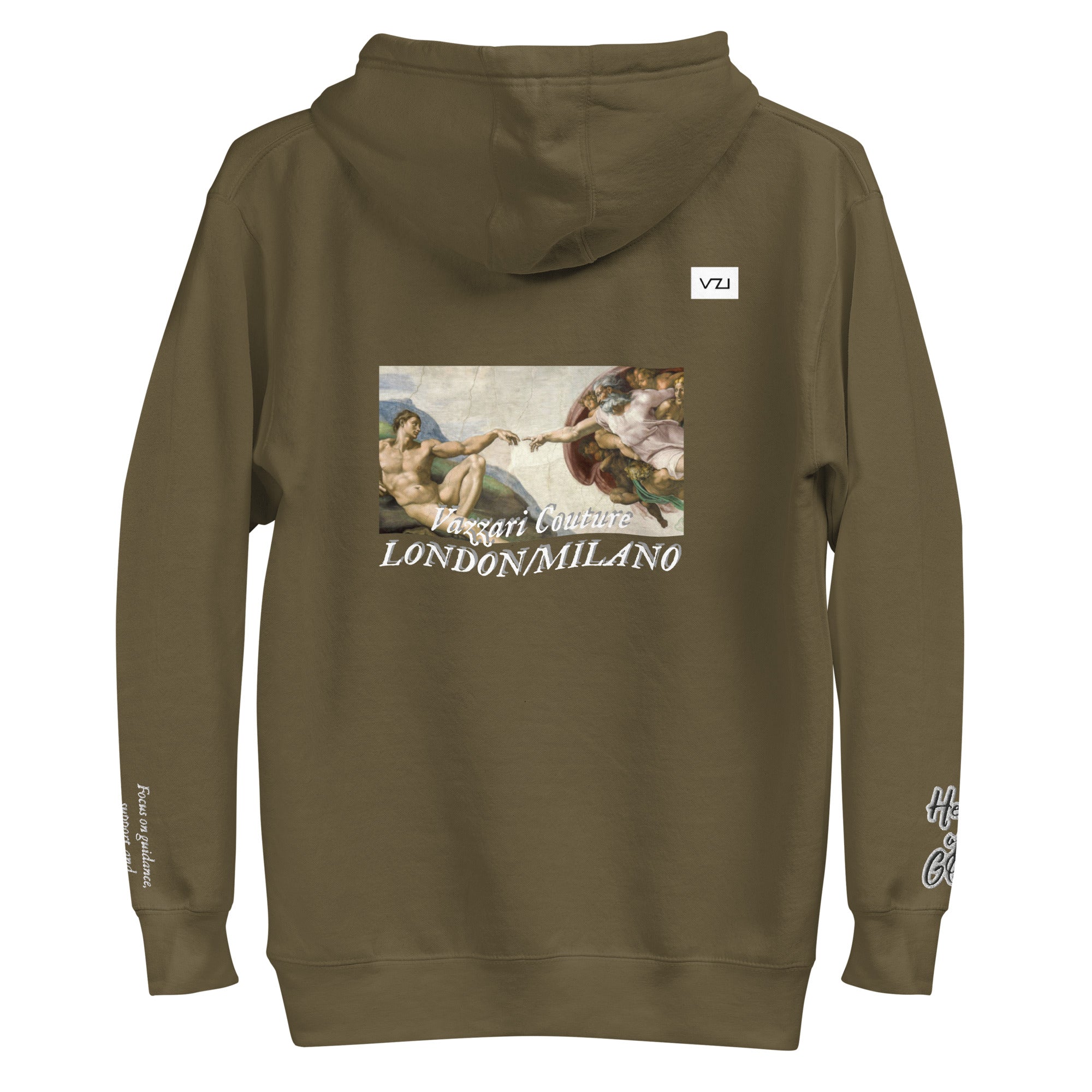 Find guidance and support with Vazzari Couture's Azurael Men's Hoodie made with 100% cotton face, front pouch pocket, self-fabric patch, flat drawstrings, and 3-panel hood. Focus on spiritual connection with Help of God.