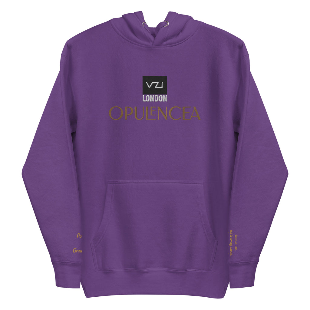 FRONT PURPLE HOODIE VZI Opulencea: Unisex, Classic Cotton: Focus on extravagance, luxury, and indulgence(Posh Grandeur)