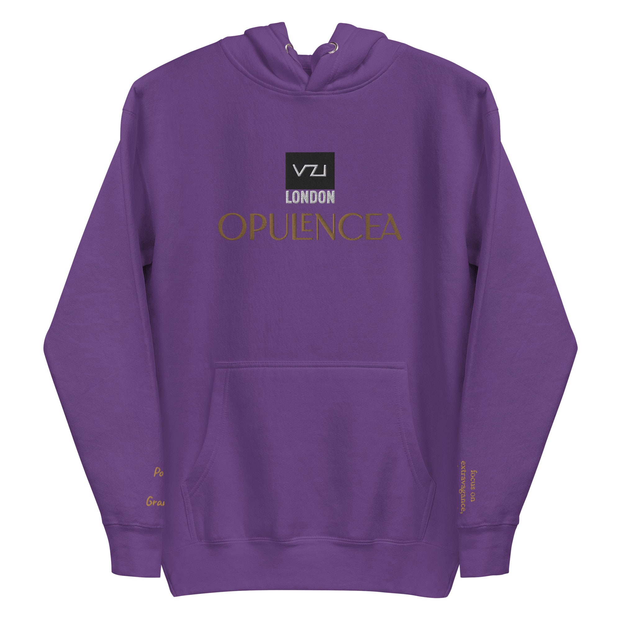 FRONT PURPLE HOODIE VZI Opulencea: Unisex, Classic Cotton: Focus on extravagance, luxury, and indulgence(Posh Grandeur)