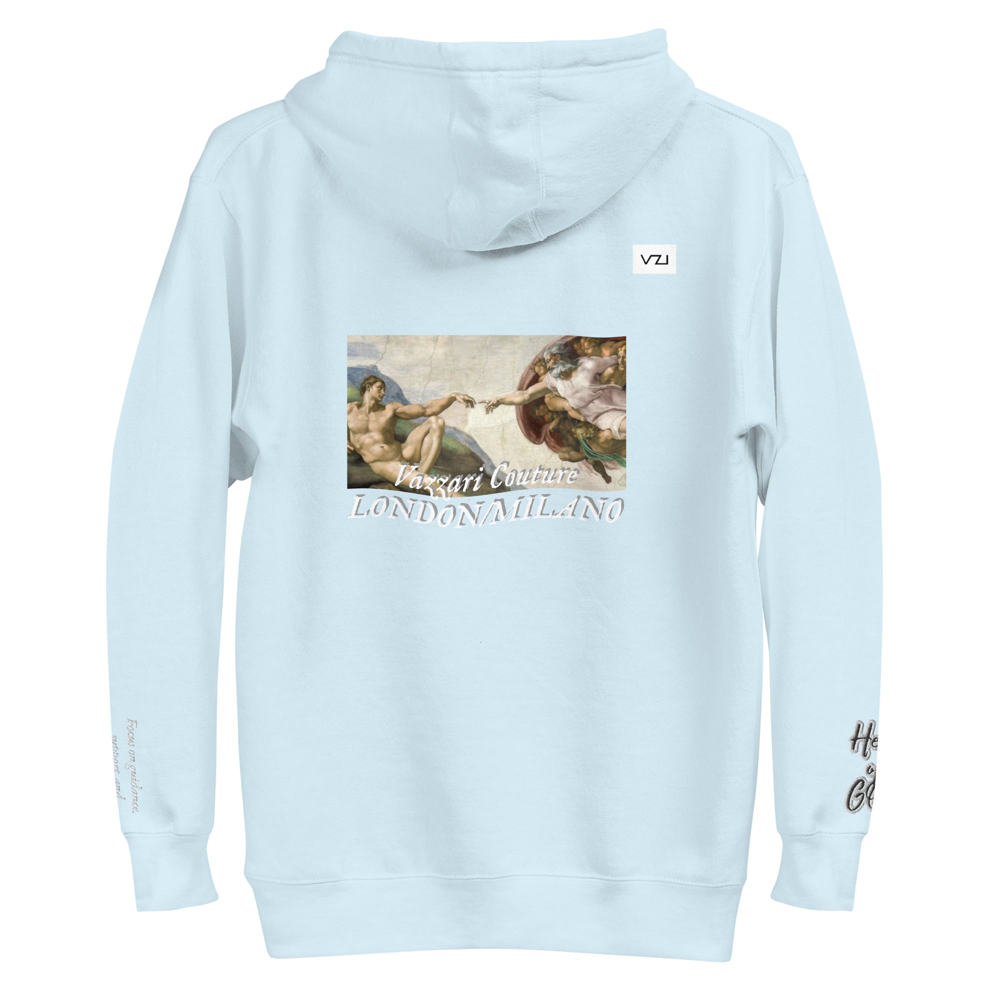 Find guidance and support with Vazzari Couture's Azurael Men's Hoodie made with 100% cotton face, front pouch pocket, self-fabric patch, flat drawstrings, and 3-panel hood. Focus on spiritual connection with Help of God.